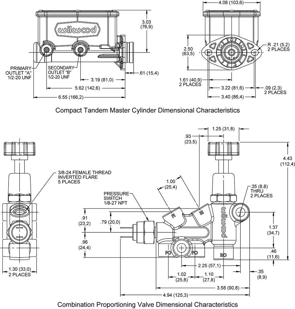 Wilwood - 1988-1998 Chevy/GMC C1500-OBS Aluminum Compact Tandem M/C Kit with Bracket and Valve